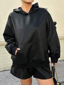 Dazy Plus 大尺碼女款純色PU連帽寬鬆口袋街頭風襯衫，秋冬長袖 - 黑色 - 查看 7