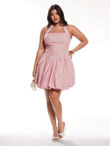 Solavibe Women's Plus Size Polka Dot Print Halter Tie Back Backless Dress,Pastel Pink,Summer,1920s Flapper,70's,Party Vintage Babydoll Skater Tea Party Dress - Pink - View 2
