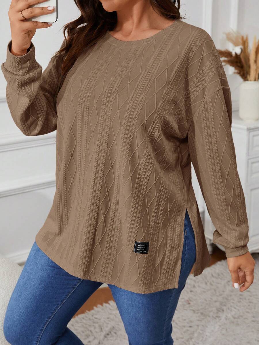 SHEIN VCAY Kaos Lengan Panjang Kasual Serbaguna dengan Belahan dan Aplikasi untuk Ukuran Plus, Kerah Bulat, dan Kasual - Khaki - View 1