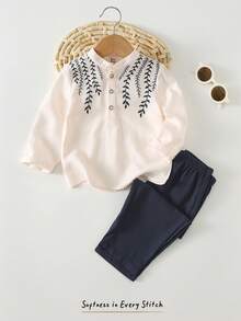 Cozy Pixies 2pcs Baby Boy Floral Print Mandarin Collar Long Sleeve Cardigan Shirt And Elastic Waist Pants Set - Blue and White - View 7