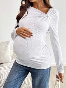 SHEIN Maternity Knit Textured Asymmetrical Neckline Long-Sleeved Slim-Fit T-Shirt, Maternity Top, Casual White Top, Maternity Wear, Maternity Shirt. Maternity Top. - White - View 5