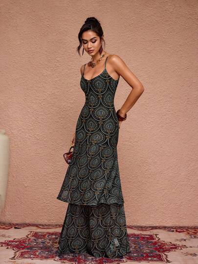 JIAN LASALA All-Over Print Mesh Spaghetti Straps Layered Women Maxi Dress Holiday Vacation Party Dress Fishtail Dress For Women Elegant Dress Boho Dress Tall Dresses Dresses For Women Beach Wedding Guest