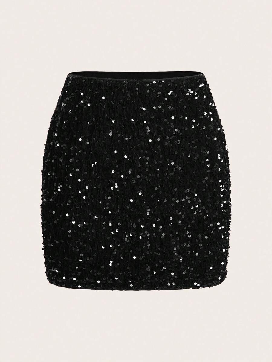 SHEIN Clasi Váy ngắn bodycon đính sequin trơn màu dành cho nữ - Bạc - Xem 1