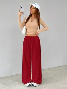 SHEIN Tall Soft White Knitted Home Baggy Pants, Loose Pant Wide Pants Elastic Waist Pants - Burgundy - View 7