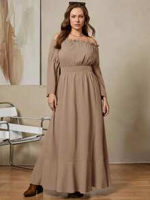 Zelara Vestido de moda de manga larga con cuello cuadrado y abertura lateral para mujer de talla grande - Albaricoque 2 - Ver 3
