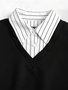 Sweetra 秋季新款美式复古休闲条纹宽松套头衫二合一 Polo 领长袖卫衣 - 黑色 - 查看 3