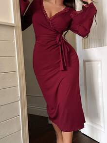 Napfluff Flared Sleeve Lace Trim Tie Waist Fitted Women Nightgown - Burgundy - View 5