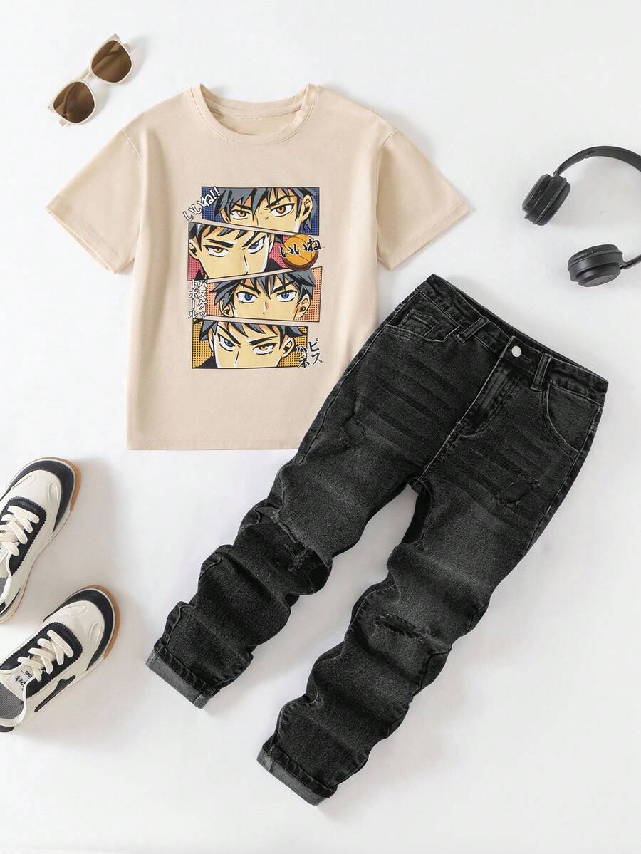 SHEIN 青少年男孩两件套酷炫卡通图案杏色 T 恤和破洞紧身蓝色牛仔裤套装,两件套 - 黑色 - 查看 1