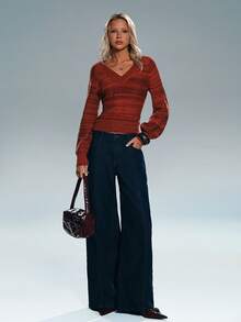 TRNVIE Women's V-Neck Fashionable Versatile Long Sleeve Sweater, Autumn/Winter - Brown - View 3