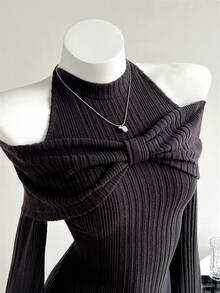 Elamini 女士黑色纹理露肩蝴蝶结装饰性感修身短连衣裙，秋冬款