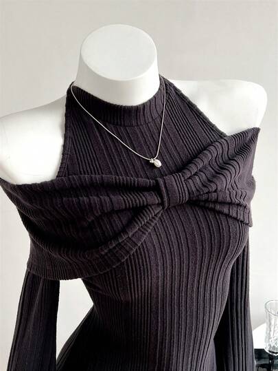 Elamini 女士黑色纹理露肩蝴蝶结装饰性感修身短连衣裙，秋冬款