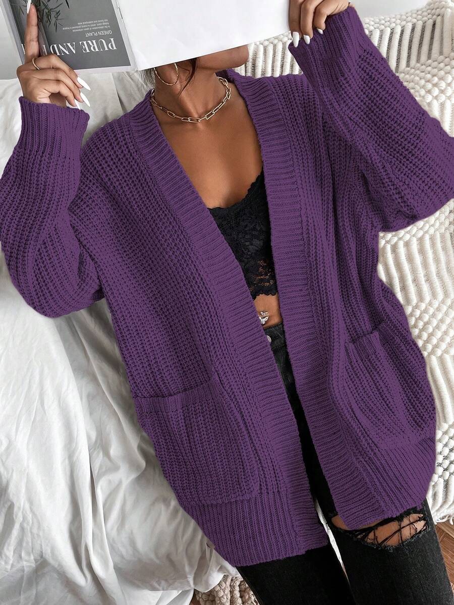 EMERY ROSE 女士休闲纯色口袋长袖开衫 - 紫色 - 查看 1