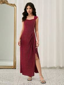 优雅奢华时尚方领无袖宽肩带收腰长款酒红色金属光泽亮面舞会礼服，适合少女毕业典礼、主持、演出、圣诞节等场合。 - 酒紅色 - 查看 5