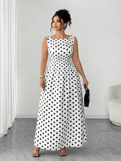 SHEIN Elenzya Plus Size Women Polka Dot Print Square Neck Sleeveless Elegant Dress