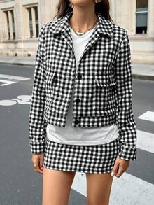 Siren Gaze Damski, kratkowany, jednorzędowy żakiet z długim rękawem i mini spódniczką, swobodny, 2-częściowy komplet - Czarne i Białe - Zobacz 4