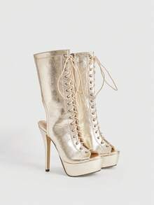 CUCCOO LuxiPop Cizme de damă cu toc înalt și fermoar lateral, cu textură metalică și talpă groasă, la modă, până la jumătatea gambei - Aur - Vizualizare 2