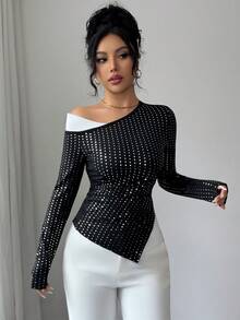 Elenzga Top de manga larga con hombro oblicuo, bajo asimétrico y parches de lentejuelas, elegante para uso diario, fiestas y otoño - Negro - Ver 6