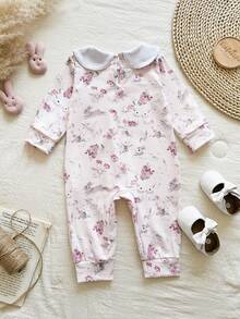 SHEIN Vintaside Kids 1件女婴花卉刺绣领长袖连体衣，兔子印花，可爱休闲连体衣，适合春秋季外出、聚会、圣诞节、新年、情人节等节日穿着。 - 粉色 - 查看 2