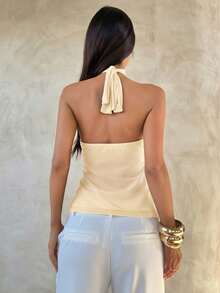 Aloruh Women's Elegant Multi-Layer Ruffle Trim Stand Collar Fitted Tank Top,Tank Top - Beige - View 2