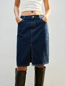 Maija 女士休闲通勤牛仔裙，带口袋和侧开衩 - 深色水洗藍 - 查看 5