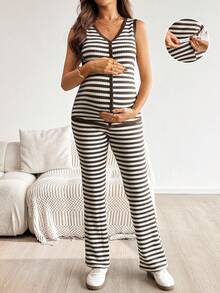 SHEIN Conjunto de 2 piezas de ropa casual de maternidad para ir a trabajar - Camiseta de tirantes con estampado de rayas en contraste y pantalones acampanados con cintura ajustable, para primavera/verano/otoño - Marrón - Ver 8