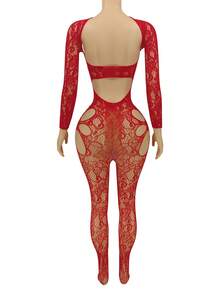 Women's Sexy Lingerie Bodysuit, Black Hollow Sheer Mesh Alluring Bodysuit - Red - View 2