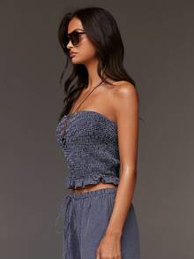 Athîral 女士荷叶边下摆抹胸上衣搭配抽绳腰阔腿裤，时尚百搭套装 - 彩色 - 查看 5