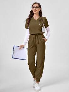 TaskEZ 1 Set V-Neck Short Sleeve Top And Pocketed Pants Scrub Uniform Casual - Green - View 4