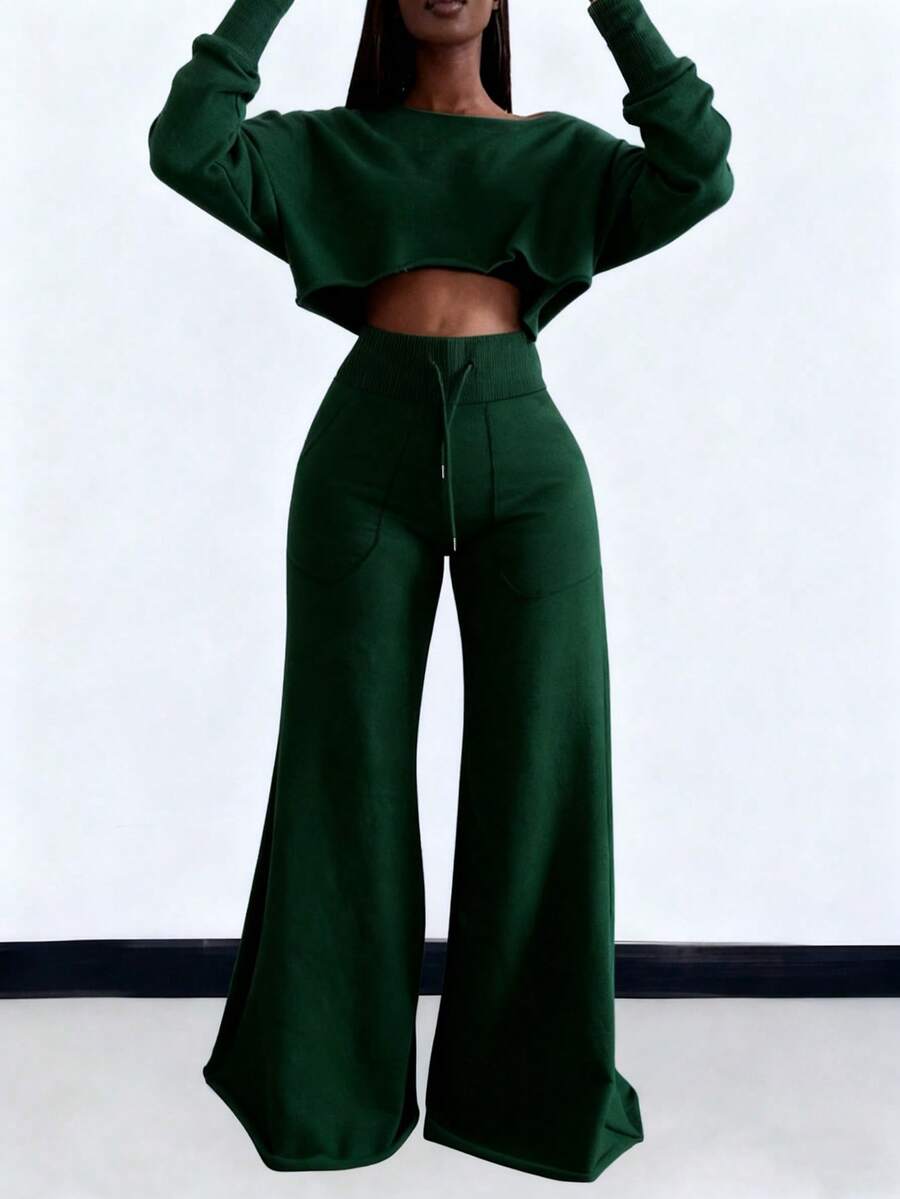 INAWLY 女士纯色长袖短款卫衣和松紧腰宽松直筒运动裤两件套 - 墨綠色 - 查看 1