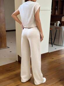 SHEIN EZwear Apricot Knit Loose Batwing Sleeve Top And Pants Set,Ladies Casual Loose Apricot Batwing Sleeve Tee Pants Women Two-Piece Outfits,Spring/Summer,Casual Daily Wear - Apricot - View 2