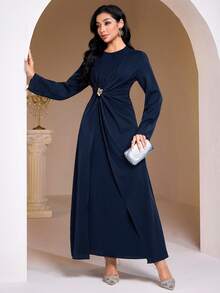 Veilorie Nuevo vestido de fiesta elegante con mangas largas, fruncido y decoración de botones metálicos