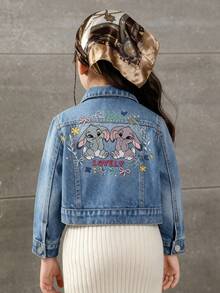 Girls' Lightweight Denim Jacket, Vintage Casual College Style, Floral & Rabbit Embroidery Decor, Simple Lapel Design, Suitable For Outings, Daily Wear, Parties, A Must-Have Versatile Denim Jacket For Spring And Autumn - Medium Wash - View 1