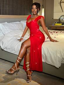 Slaydiva 2025 Herbst/Winter Neuheit, Valentinstag, Party, Bankett, Date, Geburtstag, College Stil, Studentenmode, Alltags-Ausflug, vielseitig einsetzbar, Lässig, Kreuzfahrt-Reise, viraler Hit, elegant, Pendeln, Business-Casual, minimalistisches ärmelloses Kleid mit Fellbesatz, tailliert, hoher Schlitz, Meerjungfrausaum, glänzender roter Stoff, rotes Party Mini-Kleid, Herbst/Winter Damenkleid - Rot - Übersicht 9