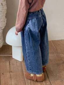 DAZY 女童纯色弹力腰带口袋宽松牛仔裤 - 藍色 - 查看 2