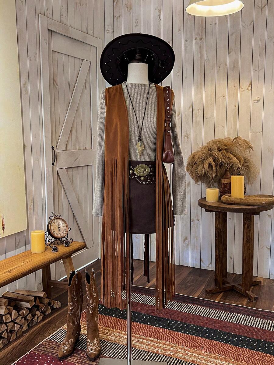 Wildy Autumn/Winter Sleeveless Long Black Fringe Boho Style Casual Jacket For Women Western Tops