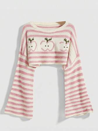 Kawaii Suéter holgado de hombros caídos con estampado de manzanas y rayas, informal y apropiado para vacaciones, talla grande, otoño