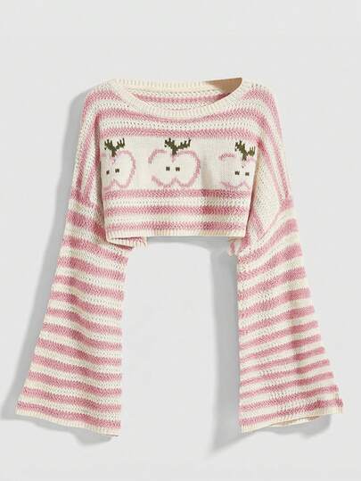 Kawaii Suéter holgado de hombros caídos con estampado de manzanas y rayas, informal y apropiado para vacaciones, talla grande, otoño