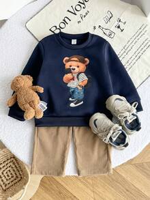 Playful Pals 2件組小男孩休閒可愛卡通熊印花圓領長袖衛衣與長褲套裝，適合秋季、學校、返校穿著 - 寶藍色 - 查看 3