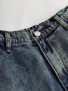 SHEIN Girlism Teen Girl Y2K Frayed Star Embellished Loose Blue Baggy Denim Jeans, Fall Back To School Clothes Outfits, Girl Denim Jeans Clothes - Dark Wash - View 5