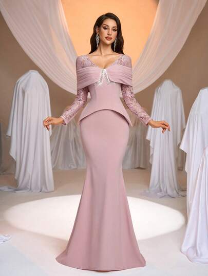 Aureia Elegant, Glamorous, And Stylish Dark Pink Lace-Trimmed Knitwear With Handmade Pearl Embellishments. Features A V-Neck, Long-Sleeved Sheer Design, A Faux Two-Piece Style, And A Mermaid-Style Train. Suitable For All Occasions, Including Weddings And Evening Gowns.