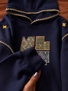 INAWLY هوديز نسائية مقاسات كبيرة / طباعة تطريز مقلد بنمط رجعي / هوديز رجعية كاجوال أنيقة / هوديز كاجوال بسيطة أنيقة / ملابس علوية أنيقة / هوديز ممتعة / هوديز مقاسات كبيرة بياقة طاقم وأكمام طويلة للخريف/الشتاء / بلوفرات نسائية للربيع، هوديز ملونة مزينة بالدانتيل، ملابس علوية بأكمام طويلة، هوديز للعودة إلى المدرسة في الخريف/الشتاء - أزرق بحري - مشاهدة 3