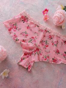 FloralLove Quần lót nữ họa tiết hoa, họa tiết toàn bộ, ren chắp vá, lưới chắp vá, viền xếp nếp, phong cách đồng quê lãng mạn, ngọt ngào & dễ thương, kỳ nghỉ, tiệc tùng - Hồng - Xem 5