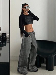 CasuGlow WOMAN LOW WAIST SLANT POCKET CASUAL COLORBLOCK WIDE LEG CASUAL JEANS - Grey - View 4