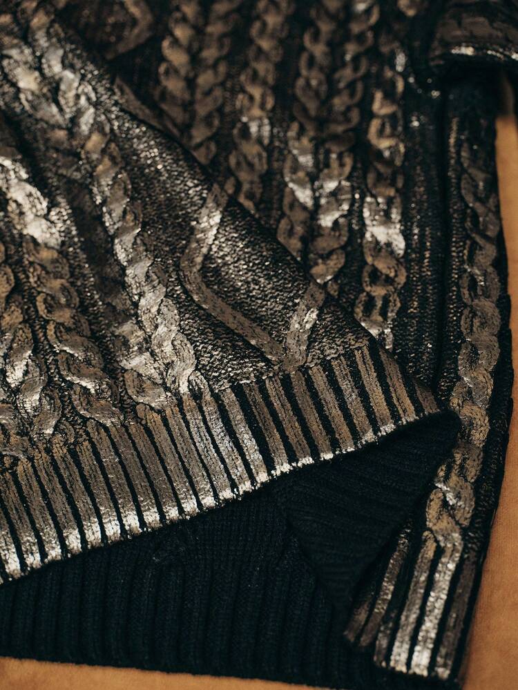 Women's Retro Elegant Pullover Loose Knit Round Neck Metallic Foil Club Party Fashion Sweater, Suitable For New Year's Eve, Black
