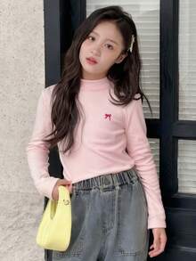 DAZY Girls Crew Neck Knit Thermal Lined Bow Print T-Shirt, Autumn - Pink - View 4