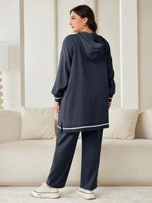 Veilorie Conjunto de 2 piezas de sudadera con capucha y pantalones de unicolor talla grande - Gris Oscuro - Ver 2