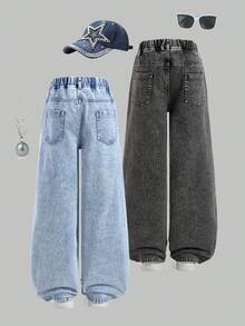 SHEIN ChillGRL 2件組青少年女孩寬鬆寬腿牛仔褲套裝，柔軟丹寧，鈕扣腰頭，淺藍色，夏季街頭風校園開學休閒百搭長褲 - 彩色 - 查看 2