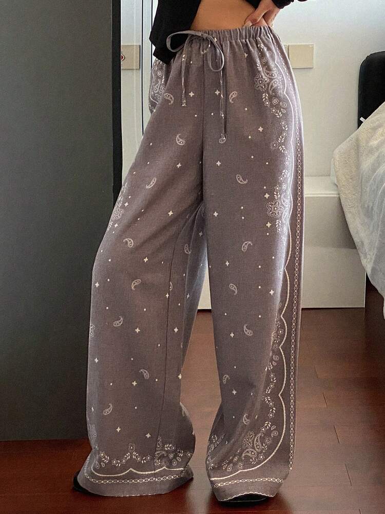 Women's Drawstring Tie Waist Loose Wide Leg Pants, Bohemian Style Printed Casual Vacation Trousers