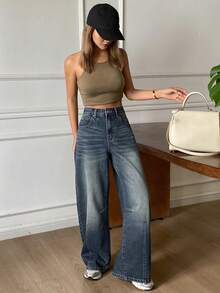 DAZY Quần jeans nữ dáng suông ống loe, cạp trung bình, kiểu dáng thường ngày. - Rửa trung bình - Xem 5