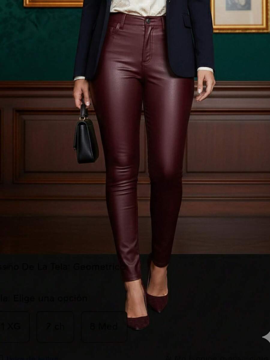 Pantalón Skinny de Vinil Elegante con Tiro Alto - bordo - Ver 1